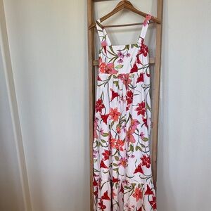 White Floral Maxi Dress with Pink & Red Blooms